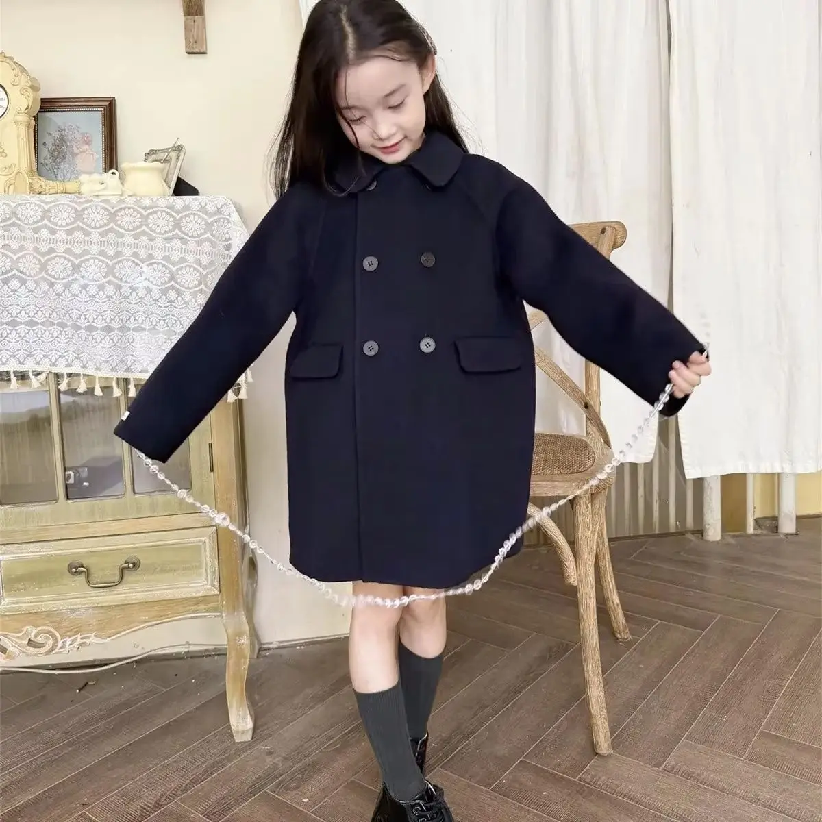 Girls Double Breasted Wool Coat New Fashion Doll Collar Double Faced Overcoat Kids Versatile Mid-Length Jacket