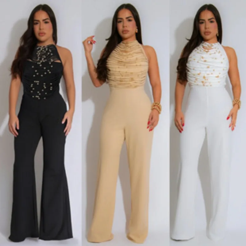 

Sexy Halter Backless Jumpsuits Woman Elegant High Waist Flare Pants Sleeveless Beading Ruched Party Romper Birthday Club Outfits