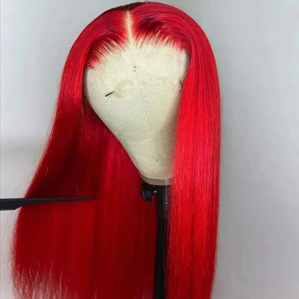 MXWIGS Glueless Synthetic Hair Bright Red Straight  Lace Front Wig For Black Women High Temperature Fiber Cosplay