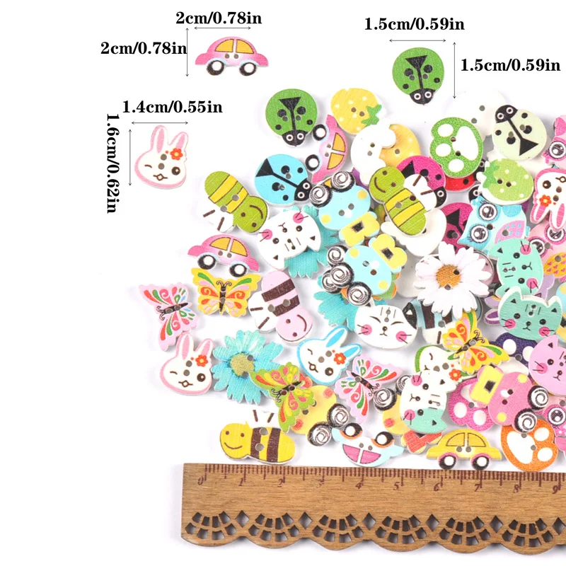 50pcs 1-2cm Mixed Mini Wood Animal Buttons Handmake Scrapbooking Crafts Sewing Clothing Accessories Cartoon Dog Cat Painted