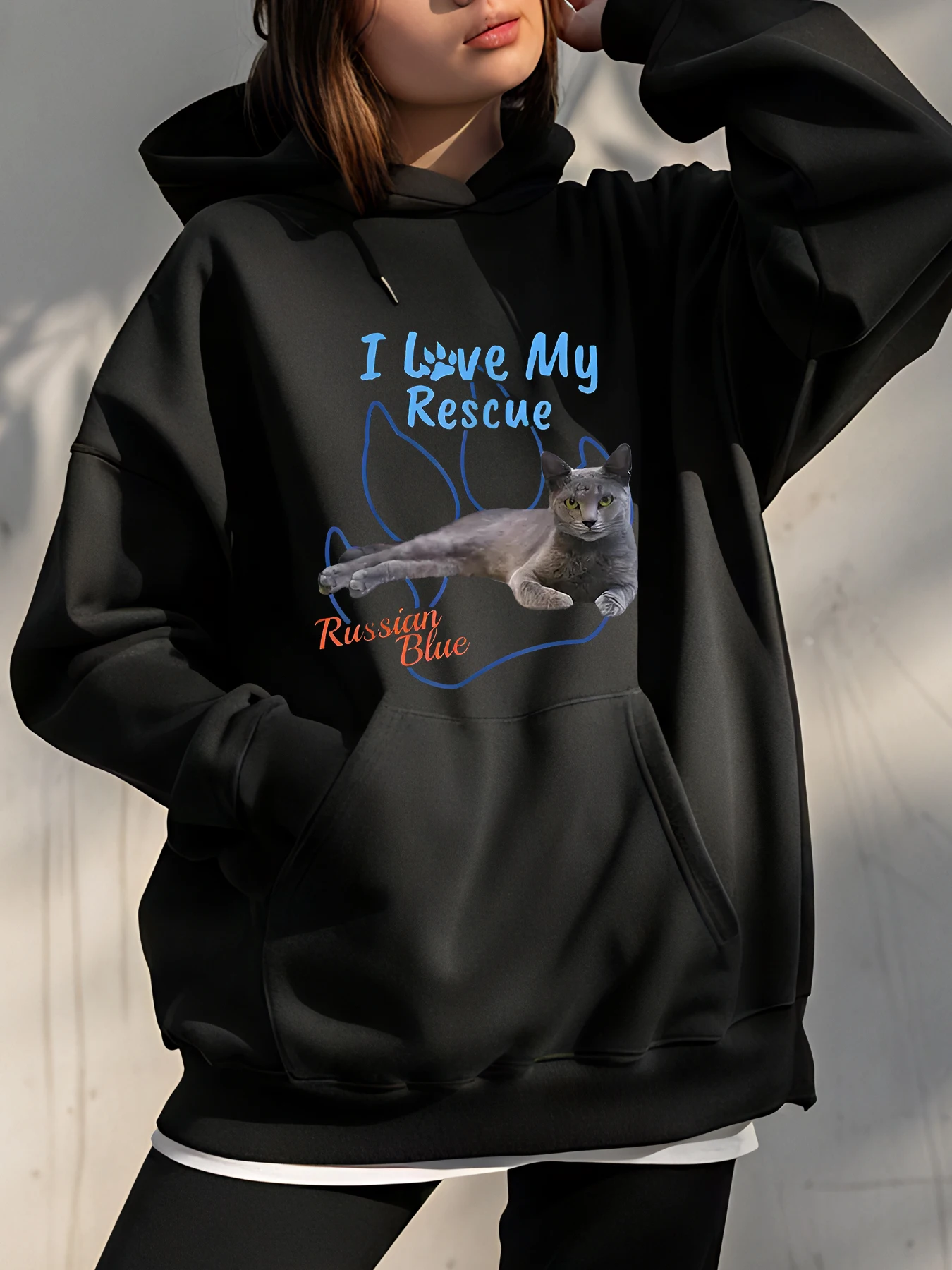 Bonito gato impressão hoodie eu amo meu resgate russo azul amante do animal de estimação moletom feminino casual streetwear moda roupa para proprietários de gatos