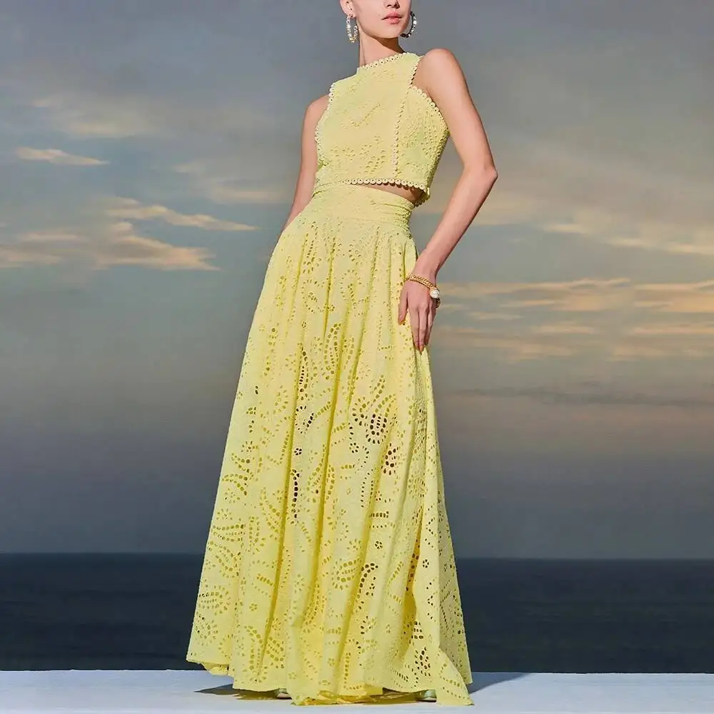 KWTX 2025 Embroidery Two Piece Set for Women O Neck Sleeveless Hollow Out Top High Waist A Line Skirt Slimming Sets Female