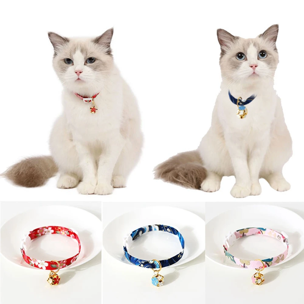 Cat Collars with Hollow Bell Flower Cute Kimono Adjustable Safety Japanese Style Kitten Puppy Collars