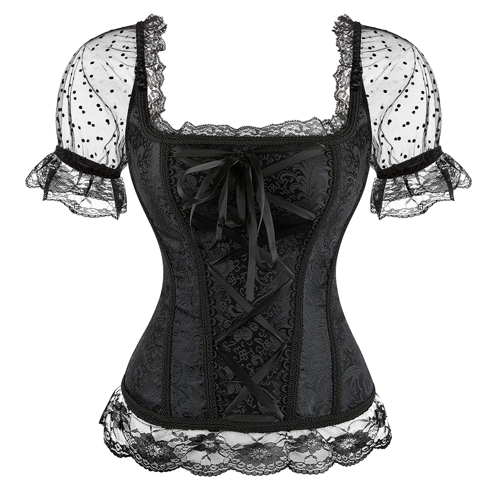 Royal Princess Corset Top Women Short Sleeves Korset Gothic Overbust Bustier Jacquard Floral Gorset Lace Corselet