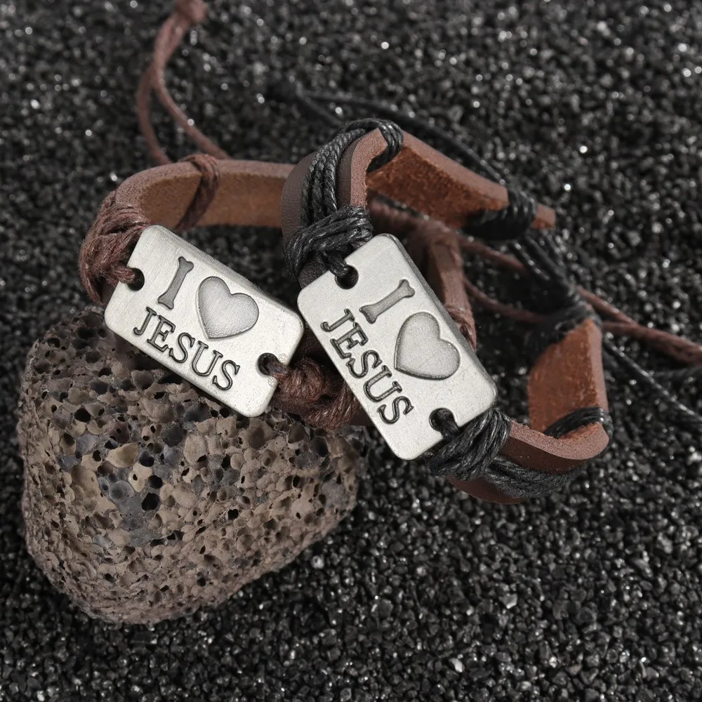 Pulsera de cuero tejido de Jesús Vintage para hombre, pulsera de tirar ajustable, regalo de Navidad, regalo del Día de San Valentín, joyería