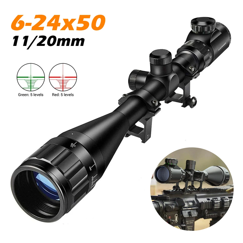 6-24x50 AOE Hunting Riflescope Optical Scope Red Green Illuminated 11/20mm Rail for Air Rifle Optics Hunting Airsoft Rifle Scope