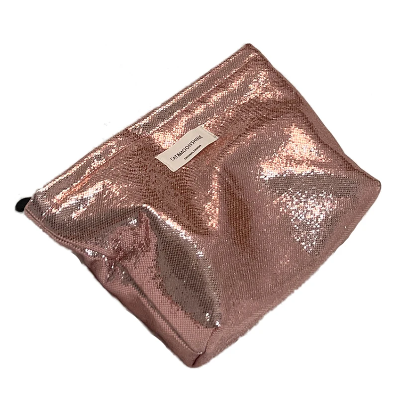 Simple Shiny Sequins Silver Clutch Cosmetic Handbag Makeup Bag Portable Women Toiletries Skincare Storage Bag Organizer Pouch