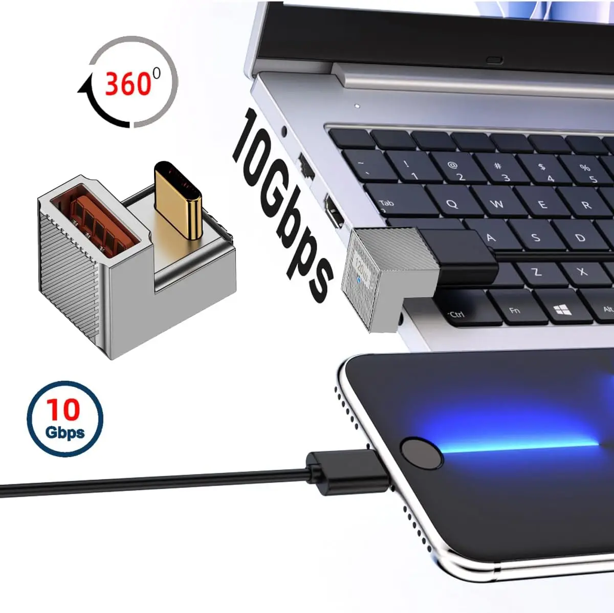 JavicTech 10Gbps Data 120W Power USB-C USB 3.1 Type C to USB 3.0 A Type OTG Opposite U Shape Back Angled Adapter Alloy Shell