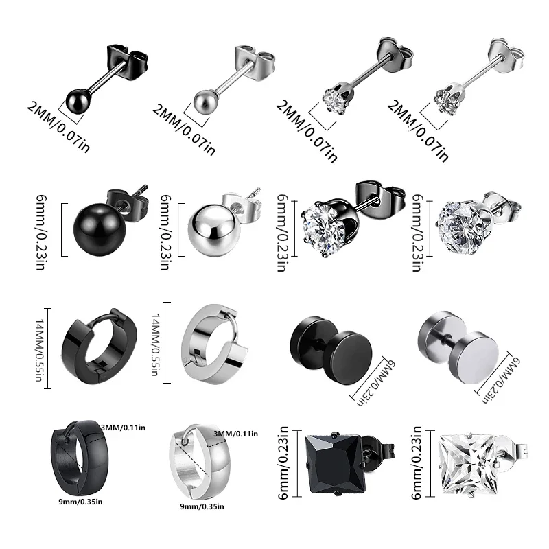 1/16 Pairs Stainless Steel Multiple Black & Silvery Simple Ear Studs for Men Women Punk Style CZ Round Earring Fashion Jewelry