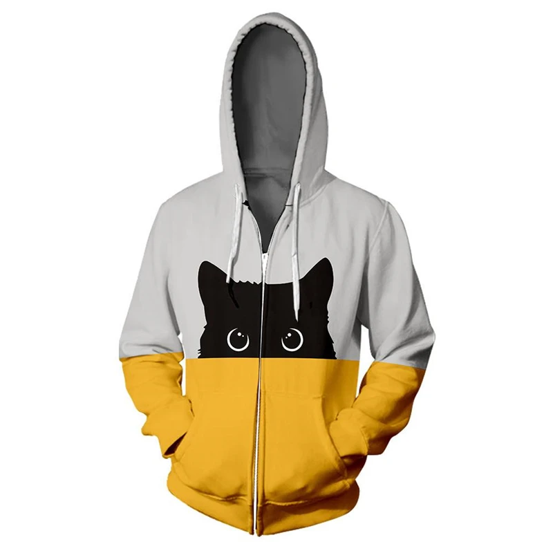 Cute Quietly Cat Pattern Zip Up Hoodie Fashion Casual Long Sleeve Men Women 3D Printed Zipper Hoodies Simple Trend Sweatshirts