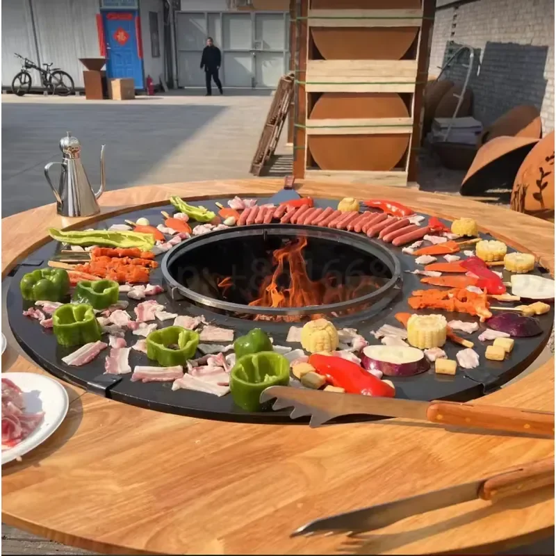 Outdoor Corten Steel Fire Pit with Bbq Grills Wood Burning Metal Outdoor Bbq Table Fire Pit