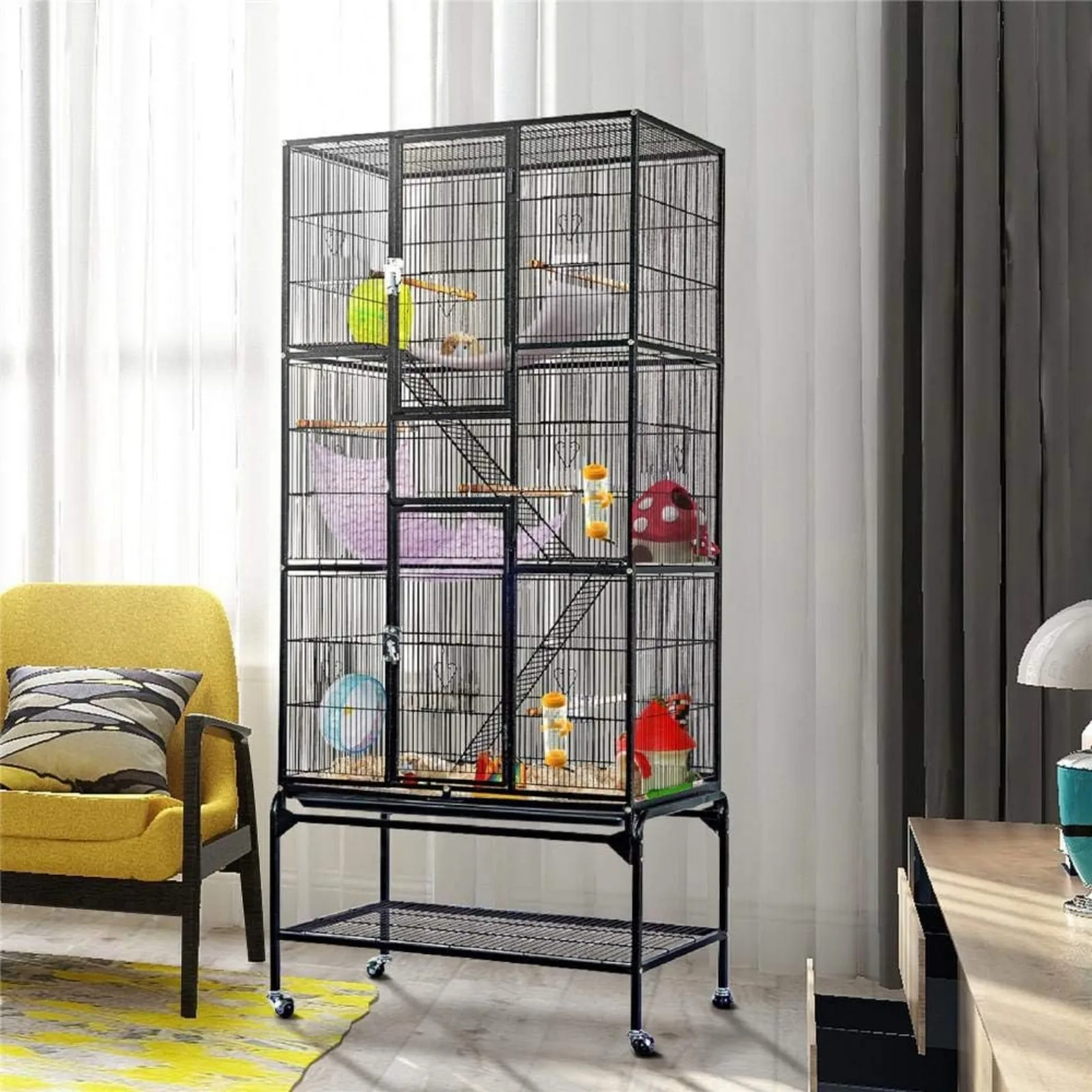 US 69-Inch Extra Large Wrought Iron 3 Levels Ferret Chinchilla Sugar Glider Squirrel Small Animal Cage with Cross Shelves