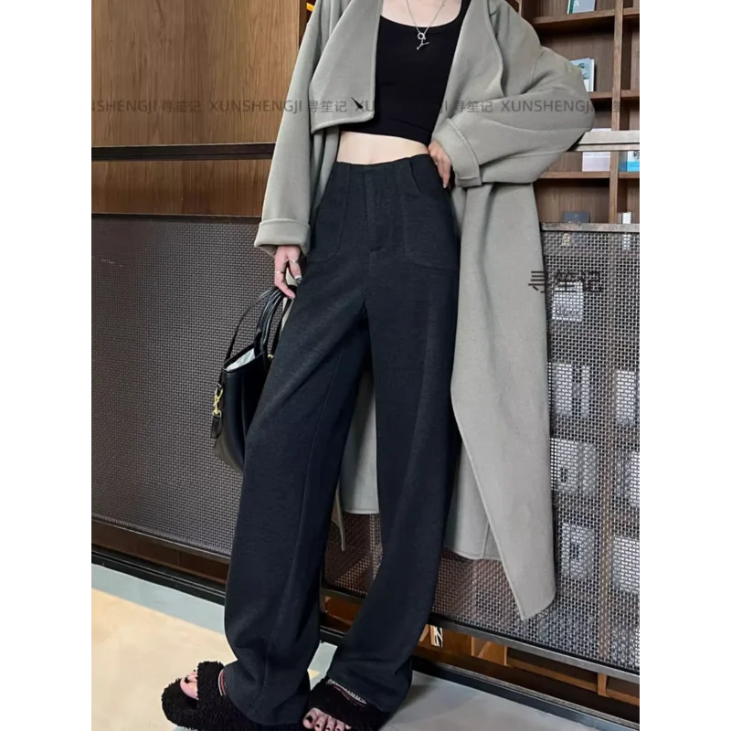 

White Wide Leg Women's Autumn Winter Thickened High Waisted Wool Suit Casual Straight Pants Trendy