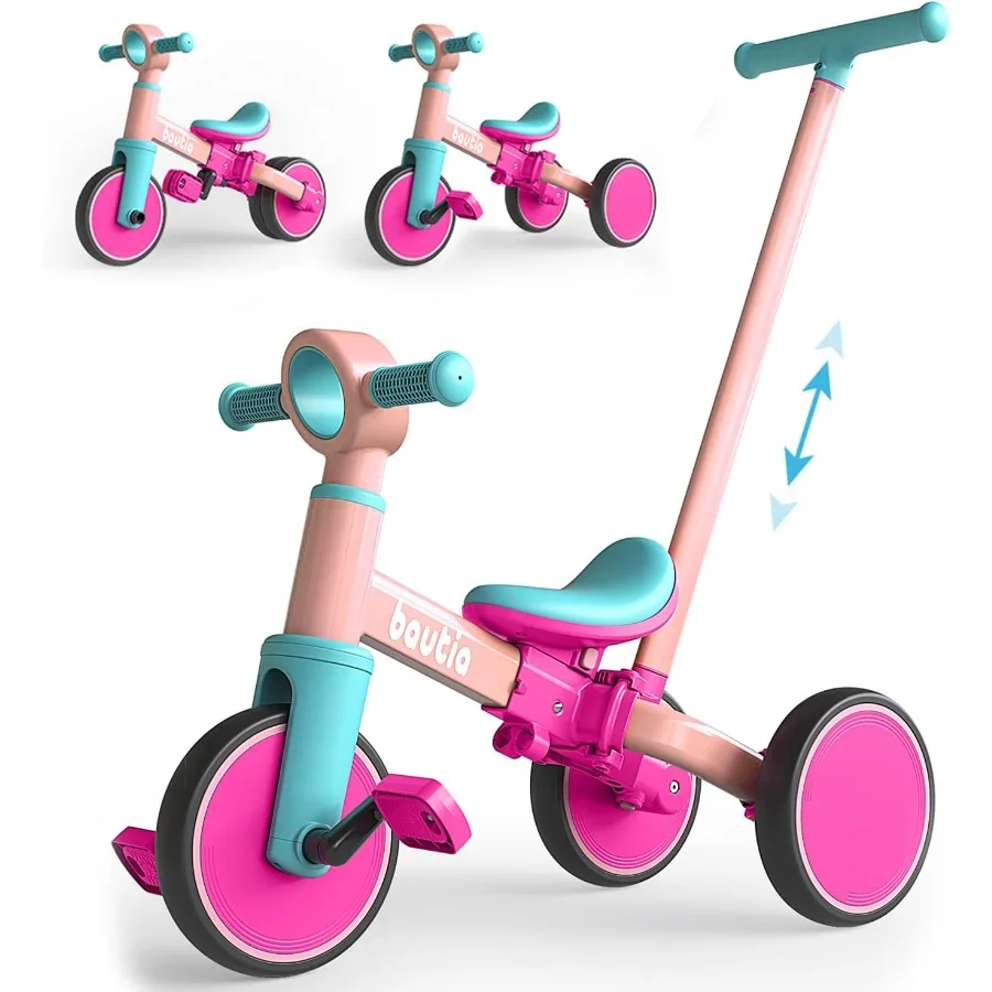 1～4歳の幼児向け、押し棒付き三輪車、男の子と女の子へのギフト、5 in 1ベビーバランスバイク（1～3歳向け、取り外し可能なP付き）