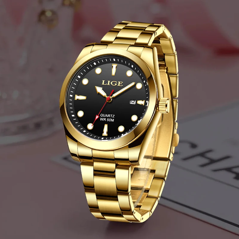 LIGE Fashion Gold Women Watches Stainless Steel Waterproof Quartz Watch Women Casual Sport Luminous Watch For Women Reloj Mujer