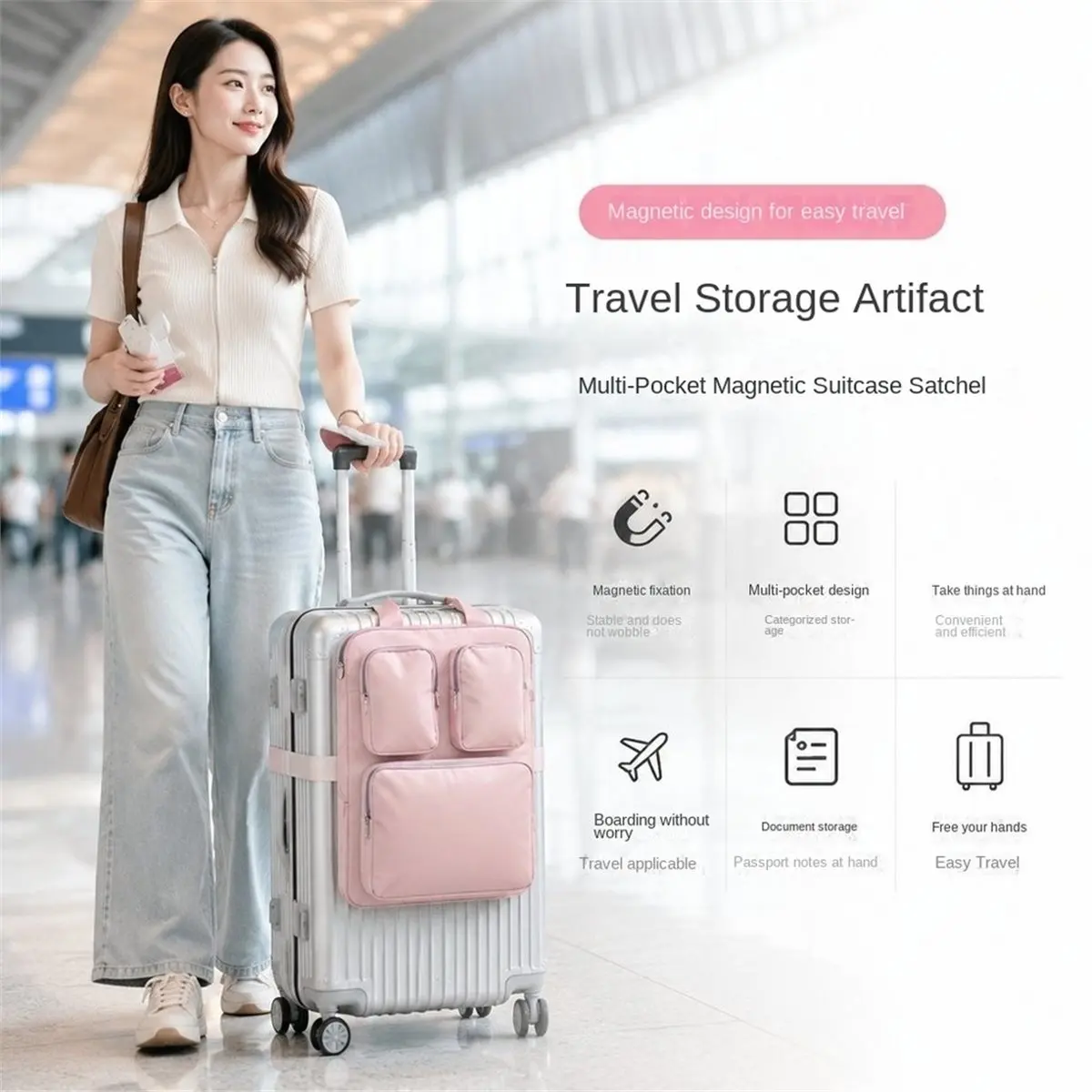 Sturdy Suitcase Magnetic Hanging Bag, Multi-Compartment Travel Organizer with Attachment Straps A
