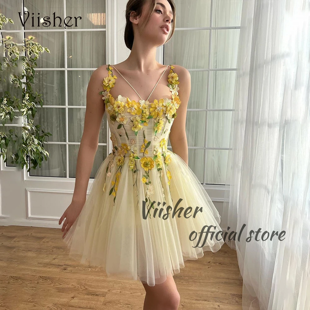 

Viisher Light Yellow Short Prom Homecoming Dresses for Teens 3D Flower Tulle A Line Evening Party Dress Above Knee