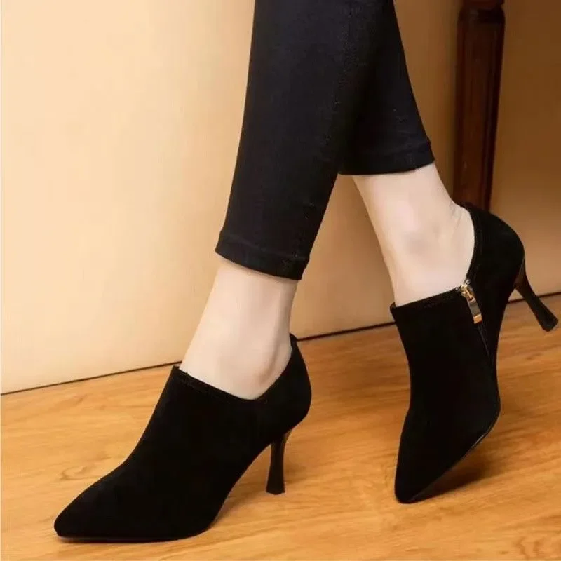 Damenmode, leichte schwarze Wildlederschuhe mit Stilettoabsatz, bequeme und stylische Schuhe für Frühling und Herbst, Sapatos femininas a710