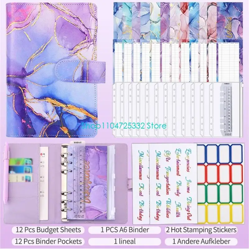 P5EA Marble Budget Binder for w/ Budget Sheets Cash Envelopes Bag Colored Label Stickers for Budgeting Cash Budget Organiz