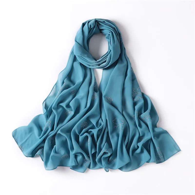 New Solid Color Monochrome Pearl Chiffon Four-Leaf Clover Hot Drilling Scarf Headcloth One Piece Dropshipping Malay Scarf