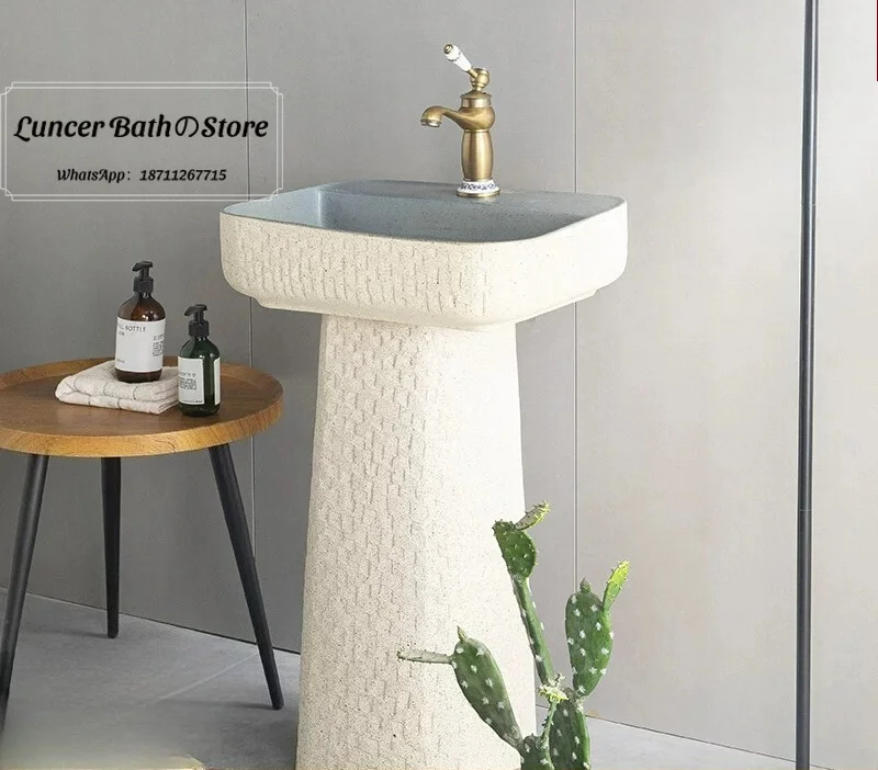 

Garden Yard Art Stone Pedestal Sink, One Piece Column Wash Basin for Outdoor, Courtyard, Balcony, Hand Wash Station