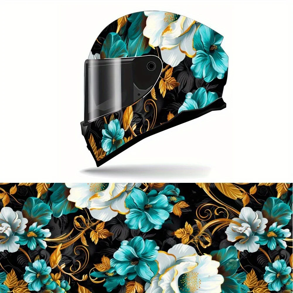 Película Decorativa de Vinil para Capacete de Motocicleta com Estampa Floral e Fio Dourado, Adesivo Impermeável Autoadesivo, Filme Decorativo Anti-Ris