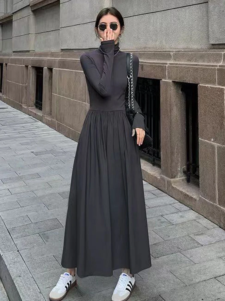 

Vintage Black Long Dresses Women Autumn Winter Long Sleeve Turtleneck Dress Female Korean Fashion Elegant Slim Pleated Dress