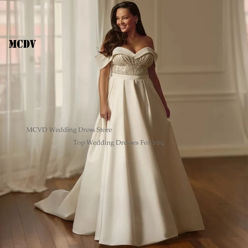 

MCDV Custom Plus Size Wedding Dress Off The Shoulder Sweetheart Neckline Beaded Pearl A Line Satin Bridal Gown
