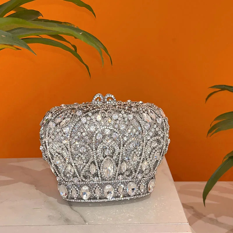 Heavy Industry Metal Court Style Crown Dinner Bag Shiny Diamond Full Diamond Light Luxury Hand Crossbody Bag