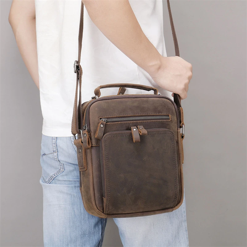 Genuine Leather Men\'s Shoulder Bag Vintage Crazy Horse Skin Double Zipper Pocket Flap Messenger Bag Man Daily Handbag