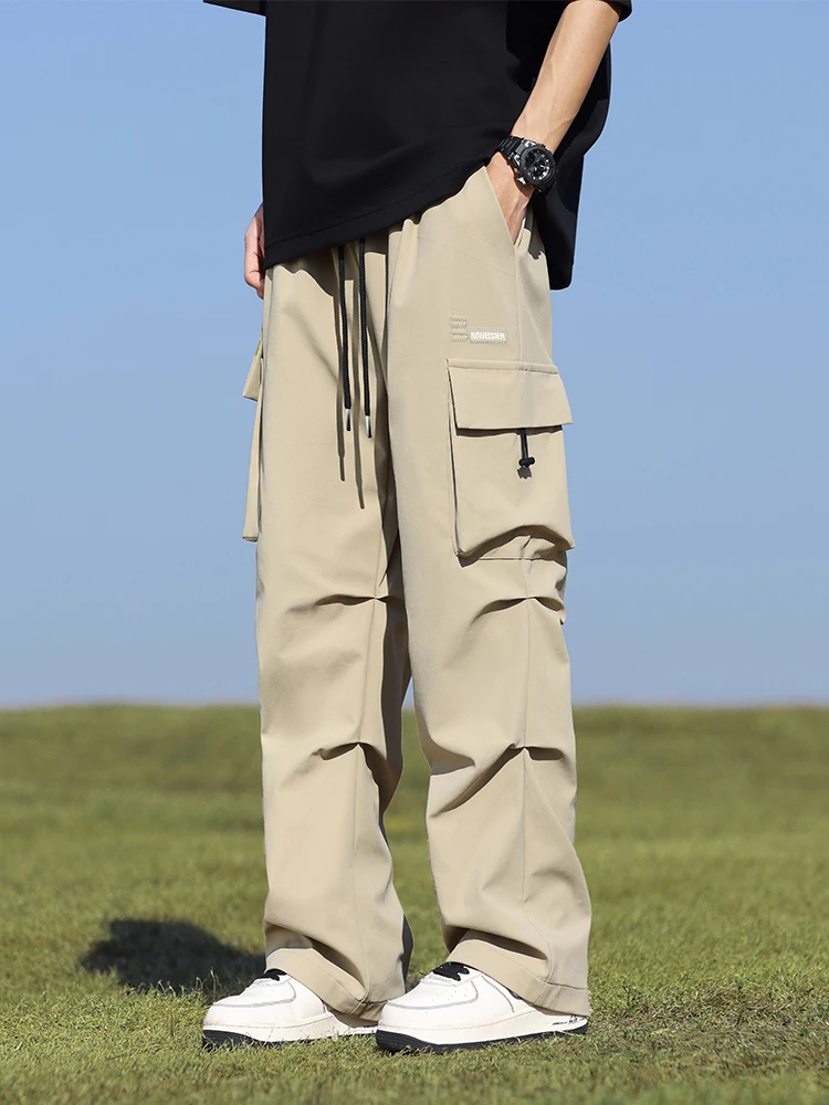 Summer Cargo Pants Men Lightweight Nylon Spandex Ice Silk Cooling Sweatpants Wide Leg Loose Fit Straight Trousers Big Size 8XL
