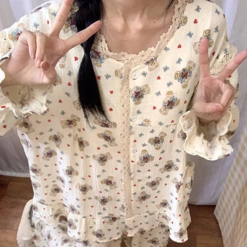 ملابس نوم لطيفة على شكل الدب الصغير للنساء للربيع والخريف، سراويل بأكمام طويلة، مجموعة من الدانتيل والدانتيل، ملابس منزلية على الطراز الياباني الحلو #4