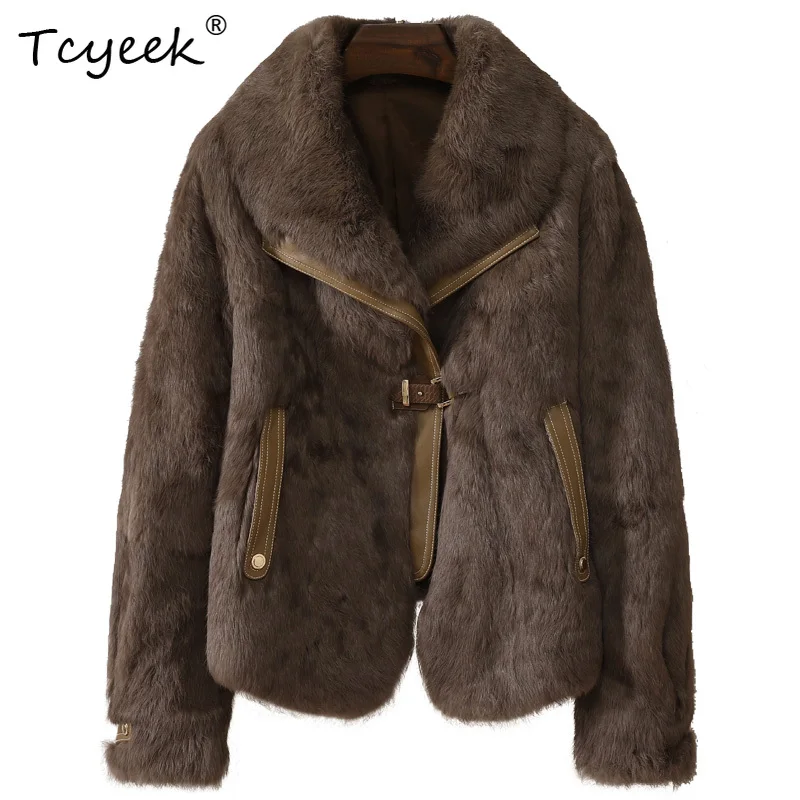 

Tcyeek Короткое женское шуба из меха кролика и меха высокого класса в корейском стиле с квадратным воротником и рукавами реглан Fourrures Femme