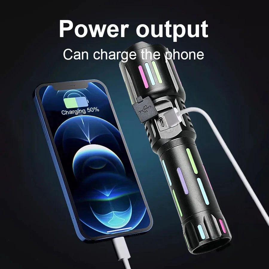 800W High Power White Laser Flashlight with Luminous Strips 3500 Meter Long-Range TYPE-C USB Rechargeable Zoomable Camping Lamp