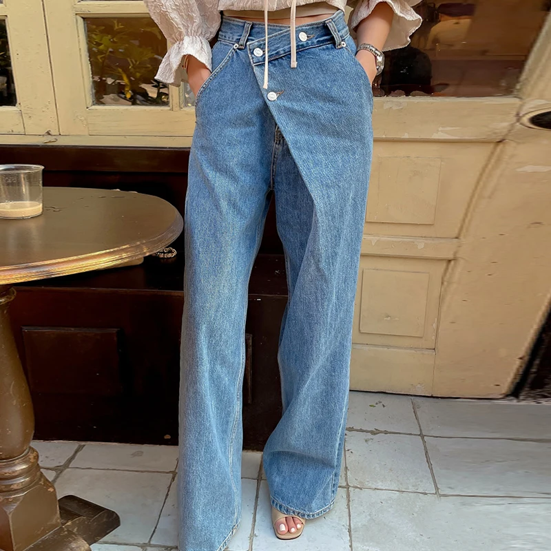 QNPQYX Korea Chic Herfst Vrouwen Jeans Vintage Hoge Taille Onregelmatige Diagonale Gesp Ontwerp Gevoel voor Wijde Pijpen Jeans en broek Vrouwen