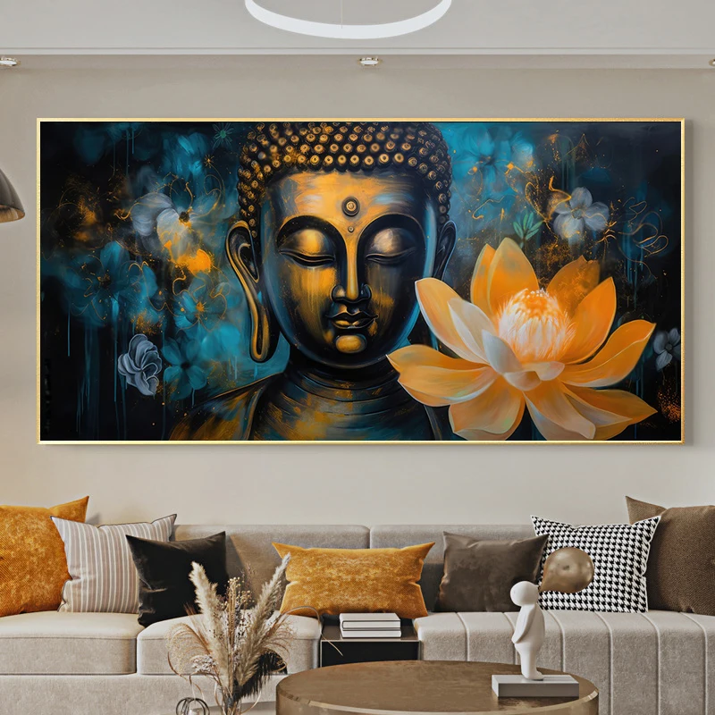 Modern Reclining Golden Lying Buddha Statue Canvas Painting Wall Art Religious Art Posters and Prints for Living Room Decor