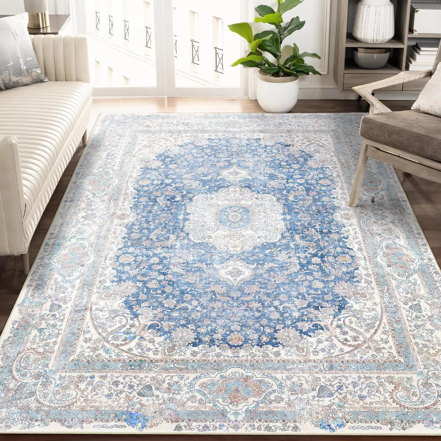 Traditionelle persische blaue Blume dekorative Teppich Matte Retro böhmischen Stil Anti-Rutsch-Teppich Home Wohnzimmer Dekoration Teppich