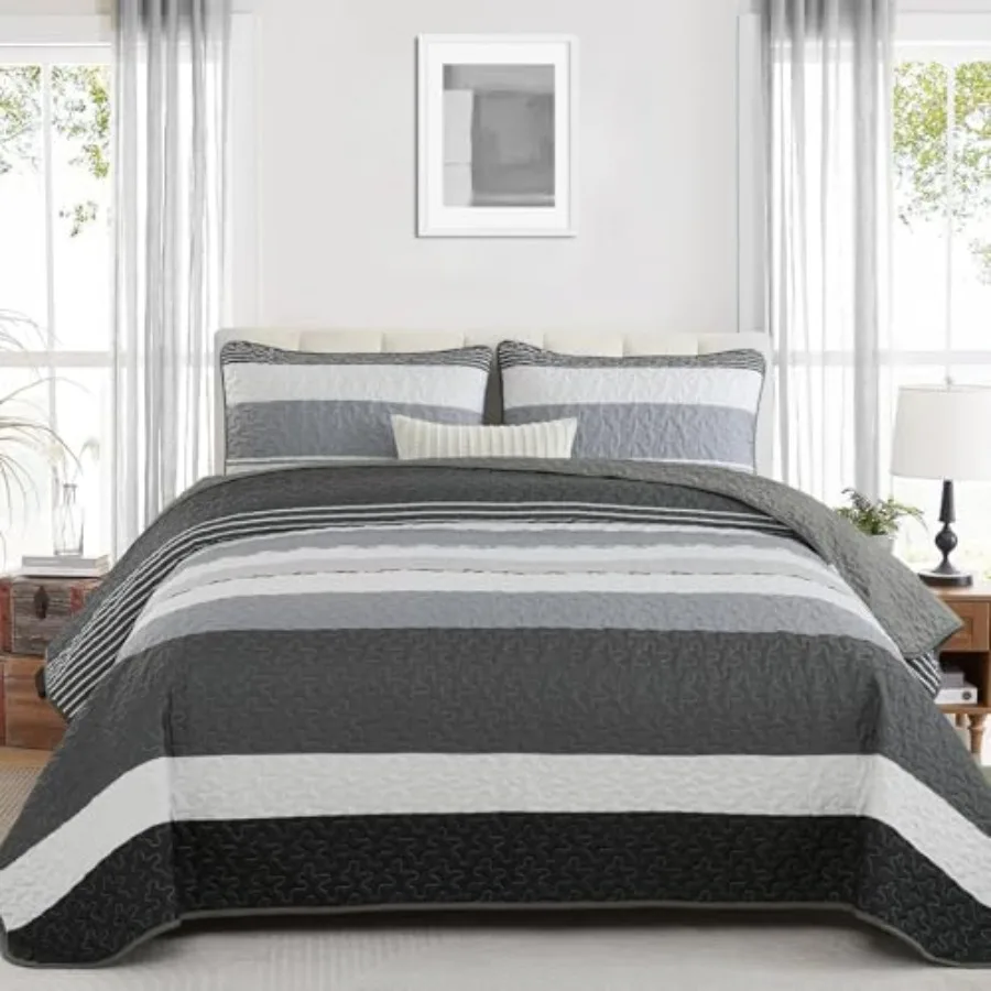 

Black White Boho Quilt Set, Dark Grey Striped Bedspreads Size 3 Pieces Quilts Mens Bedding Sets Lightweight Coverlet Set with 2