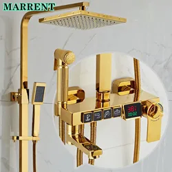 Gold Digitale Dusche Set Qualität Messing Heißer Kalten Bad Dusche Armaturen Wasserhahn Regen Dusche Kopf Goldene Thermostat Dusche System