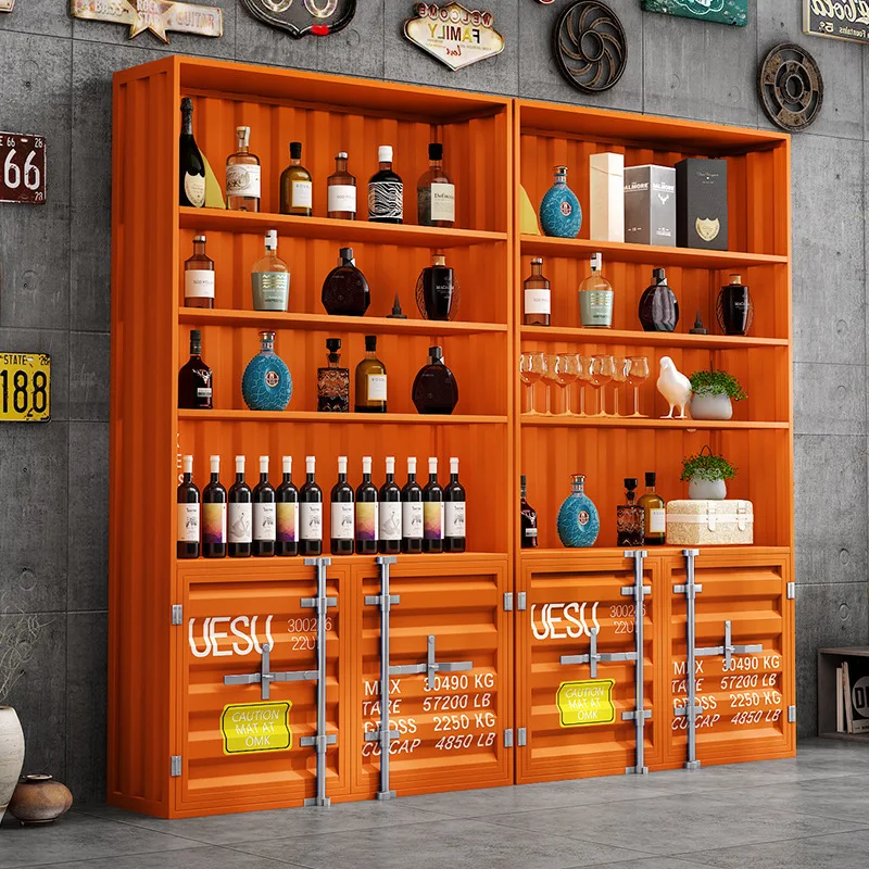 

Wrought iron wine cabinet display cabinet Industrial style display cabinet Container figure products Commercial display Glass