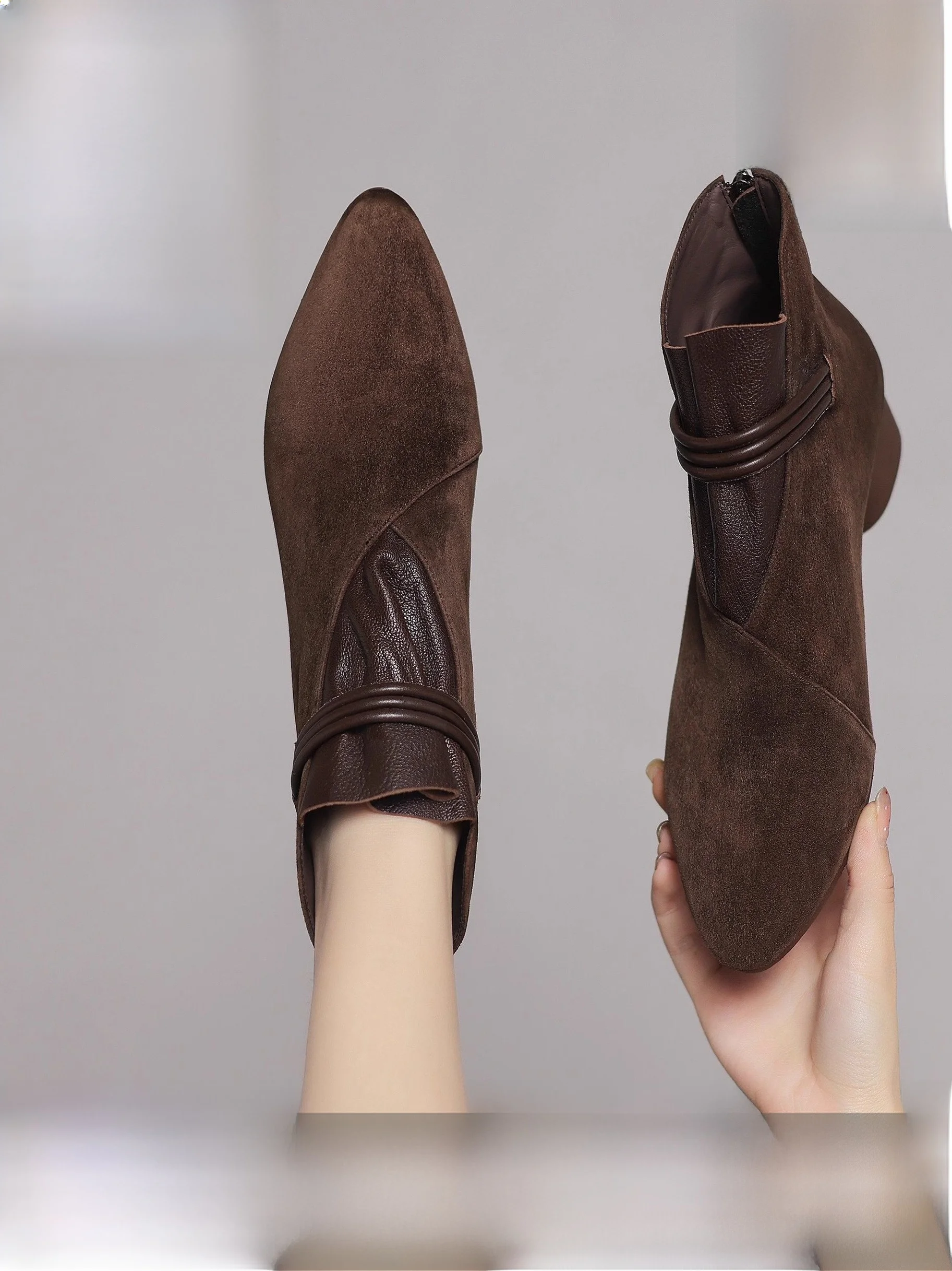 

Wanda Brand Real Leather Anti-Odor Pointed Toe ort Boots Women's Autumn Winter Vintage Slim Boot Elely Bare Boot