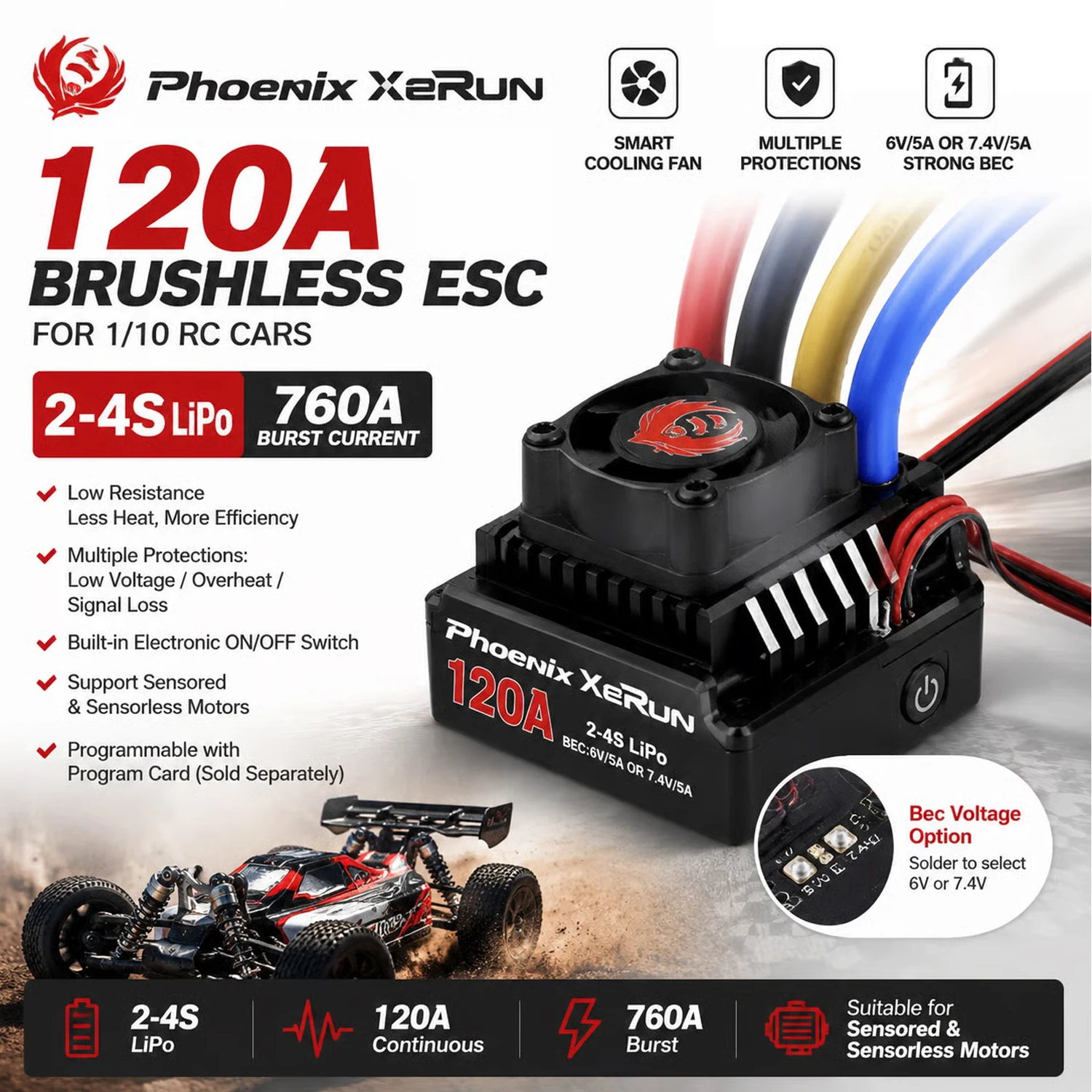 phoenix-xerun-120a-esc-t-plug-brushless-sensored-motor-2-4s-lipo-for-1-10-remote-control-drift-on-road-off-road-rally-buggy-cars