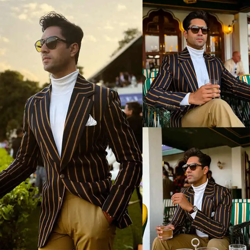 Pinstriped Modern Men Wedding Suits Notched Lapel Tuxedos Groom Wear 2 Pcs Jacket Pants Prom Evening Party Custom Made