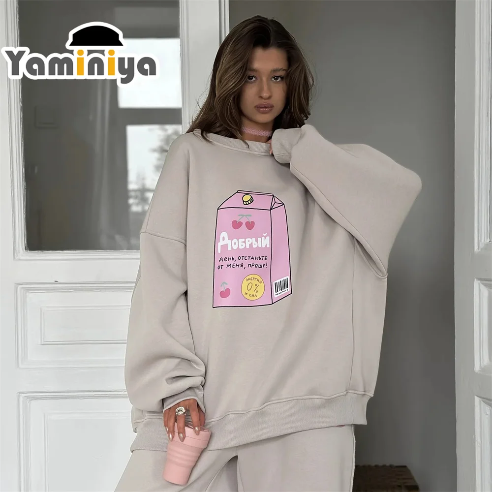 Yaminiya Autumn Cherry Milk Box Cute Crewneck Sweatshirt Aesthetic Letter Printed Pink Oversized Hoodie Cotton Long Sleeve 2024