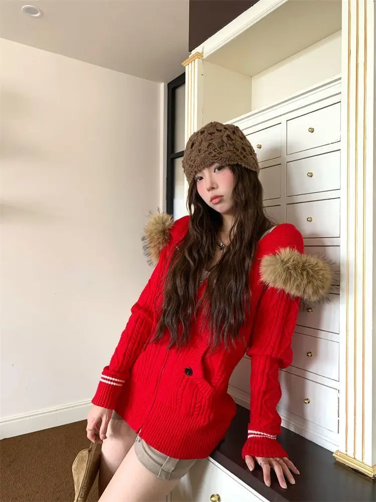 SALIENCY Twisted Hooded Red Sweater Coat with Fur Collar for Women Autumn Stylish Zipper Hoodie Knit Cardigan Top