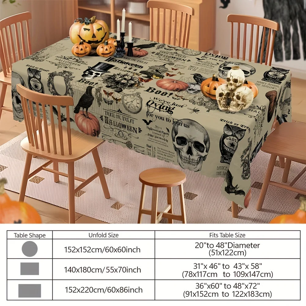 One rectangular tablecloth, a retro Halloween horror tablecloth, terrifying skulls and spiders.PMJ