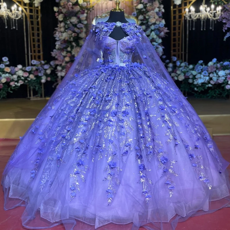 

Lavender Shiny Quinceanera Dresses Ball Gown Off Shoulder Sequin Applique Flower Beads Tull With Cape Corset Sweet 16 Dress