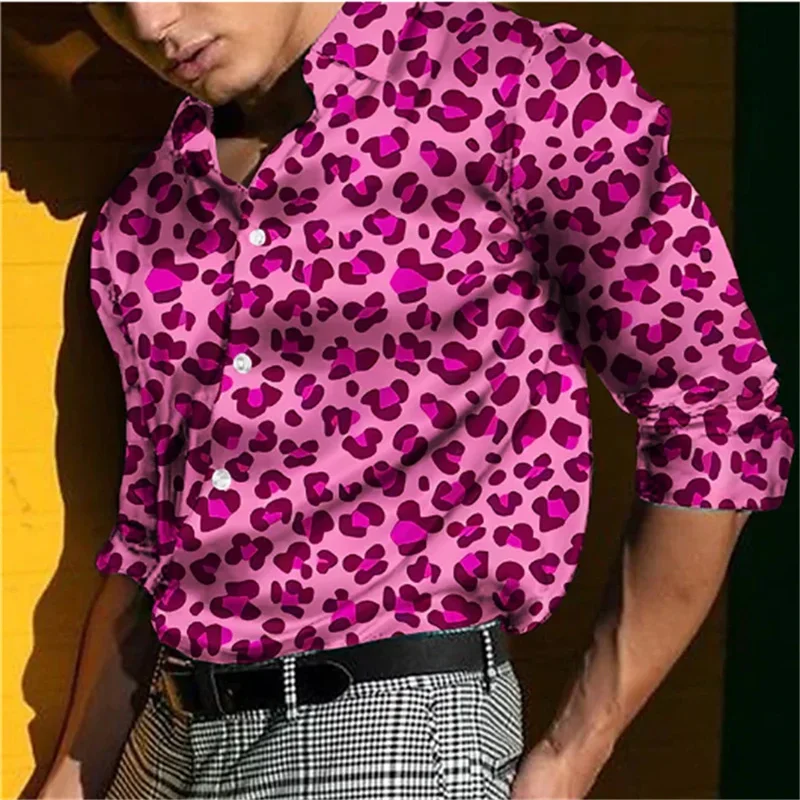 Pink leopard print men\'s shirt style fashionable casual men\'s soft and comfortable high-end party top men\'s street long sleeved