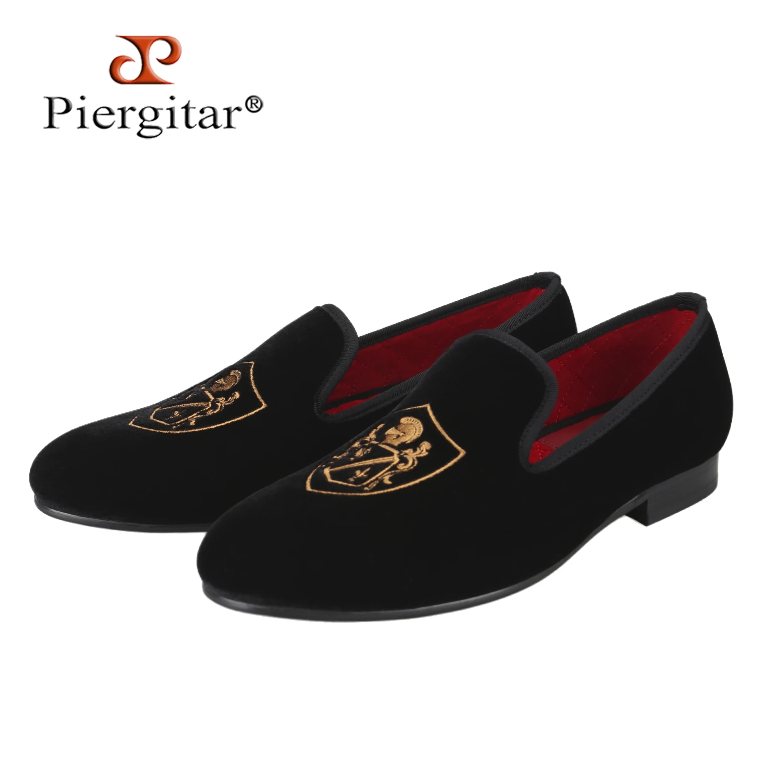 Piergitar New Black Velvet Of Royal Shield Embroidery Men's Moccasins For Wedding Wear Classic Style Handmade Slip-On Loafers