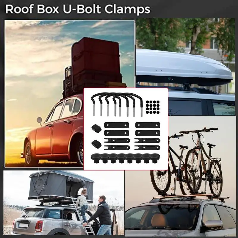 Braçadeiras para caixa de carga superior do telhado, 4 peças, suporte de carga, parafusos de montagem, 85mm de largura interna, rack de telhado, braçadeiras de parafuso em u com 8 porcas de bloqueio 2